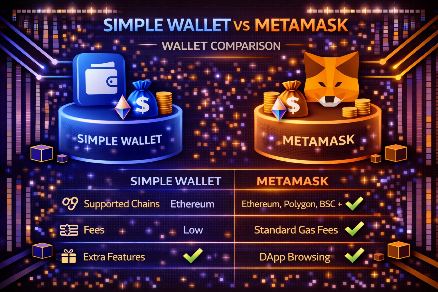Simple Wallet vs MetaMask comparison chart showing features, security, and usability