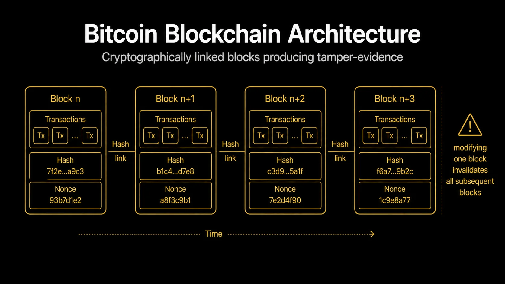 Bitcoin blockchain: linked blocks containing transactions, secured by cryptographic hashes and proof-of-work consensus