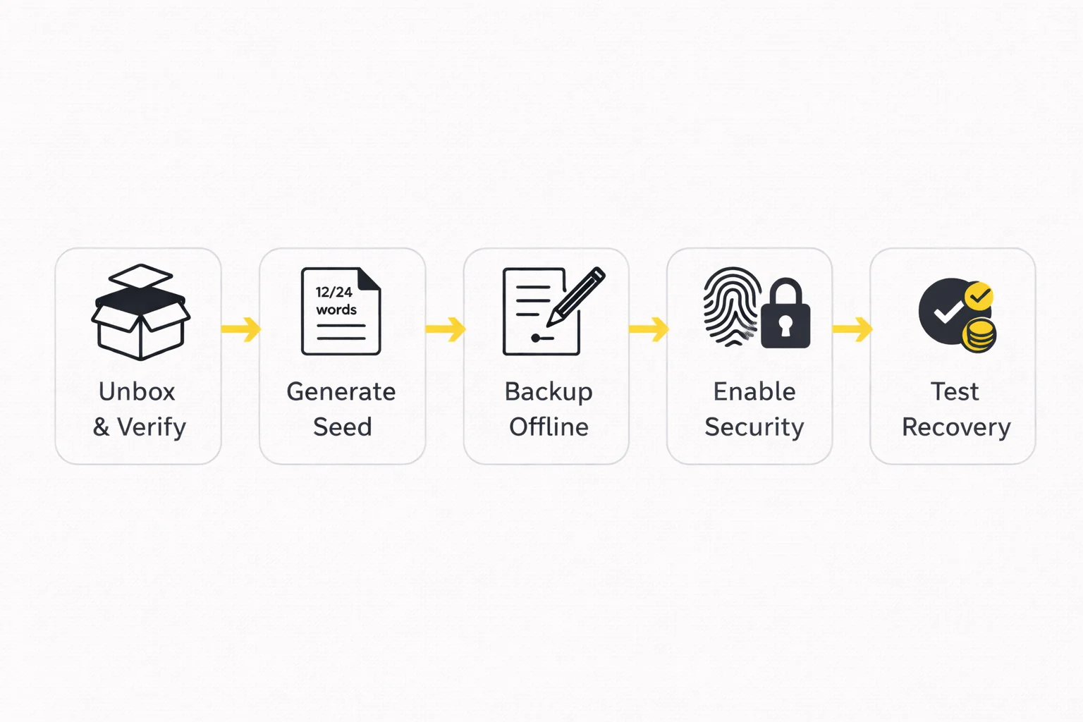 Hardware wallet setup process: unbox, generate seed phrase, verify backup, enable security, test recovery