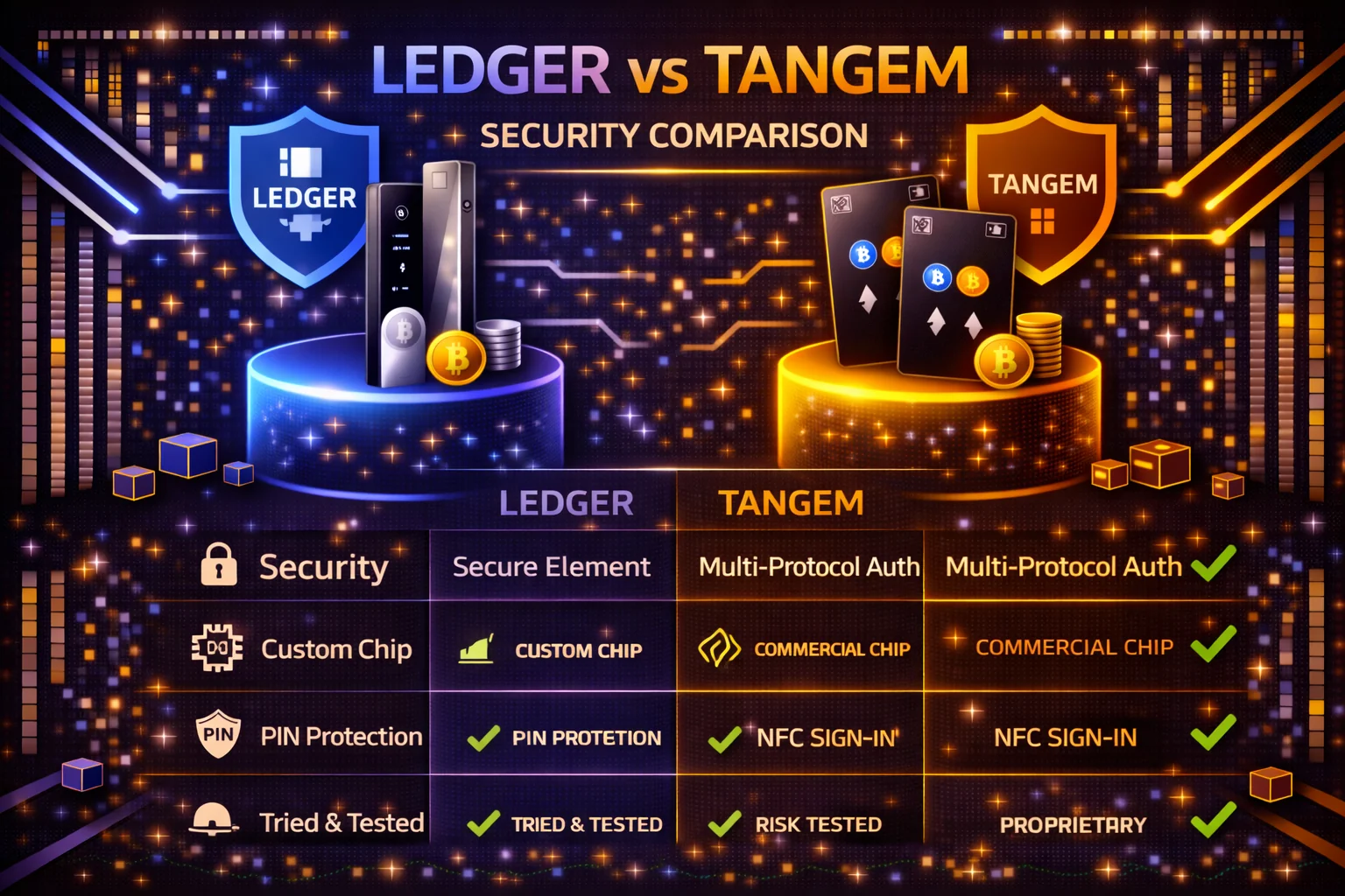 Ledger Nano X dual-chip architecture compared to Tangem card secure element with backup card recovery model