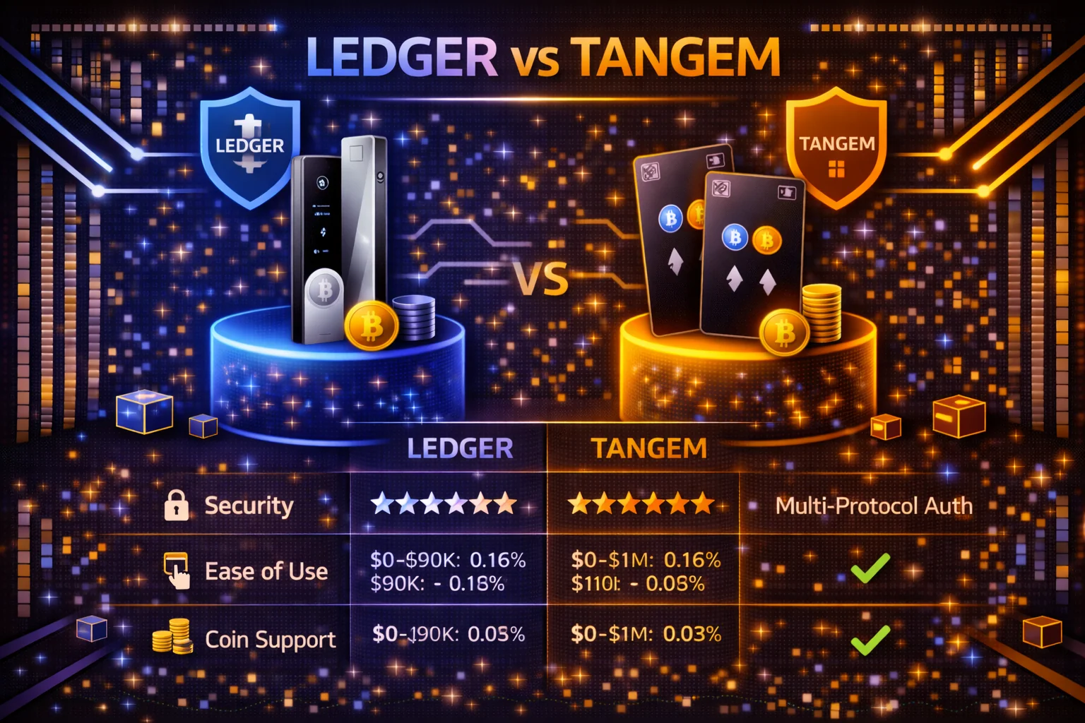 Ledger Nano X and Tangem Card hardware wallets shown side by side highlighting form factor differences
