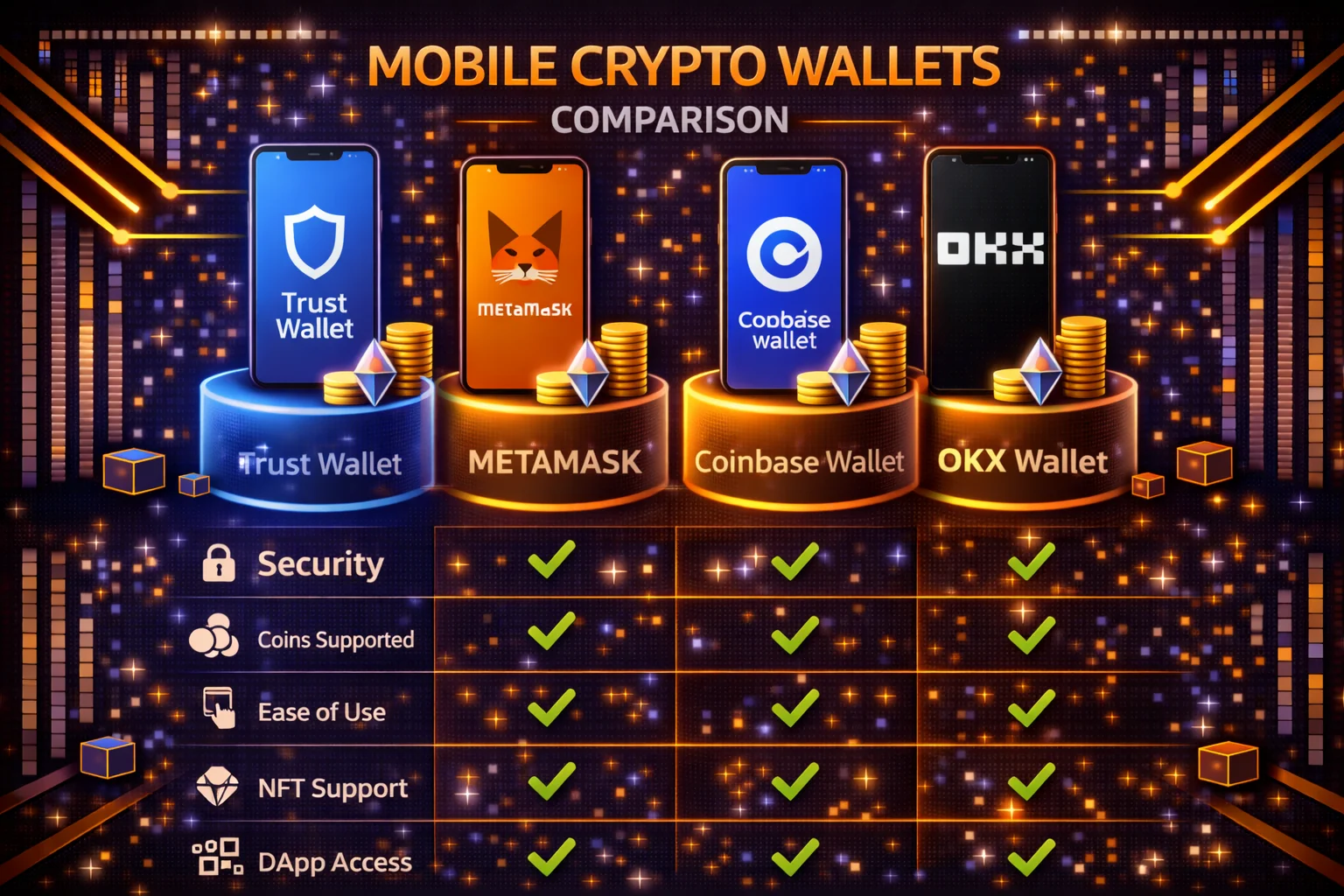 Mobile cryptocurrency wallets comparison showing Trust Wallet, MetaMask, and other top apps