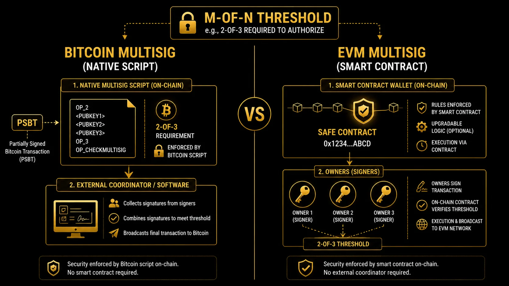 Bitcoin vs EVM Safe multisig comparison: BTC three keys feed PSBT into descriptor; EVM three keys feed Safe contract.