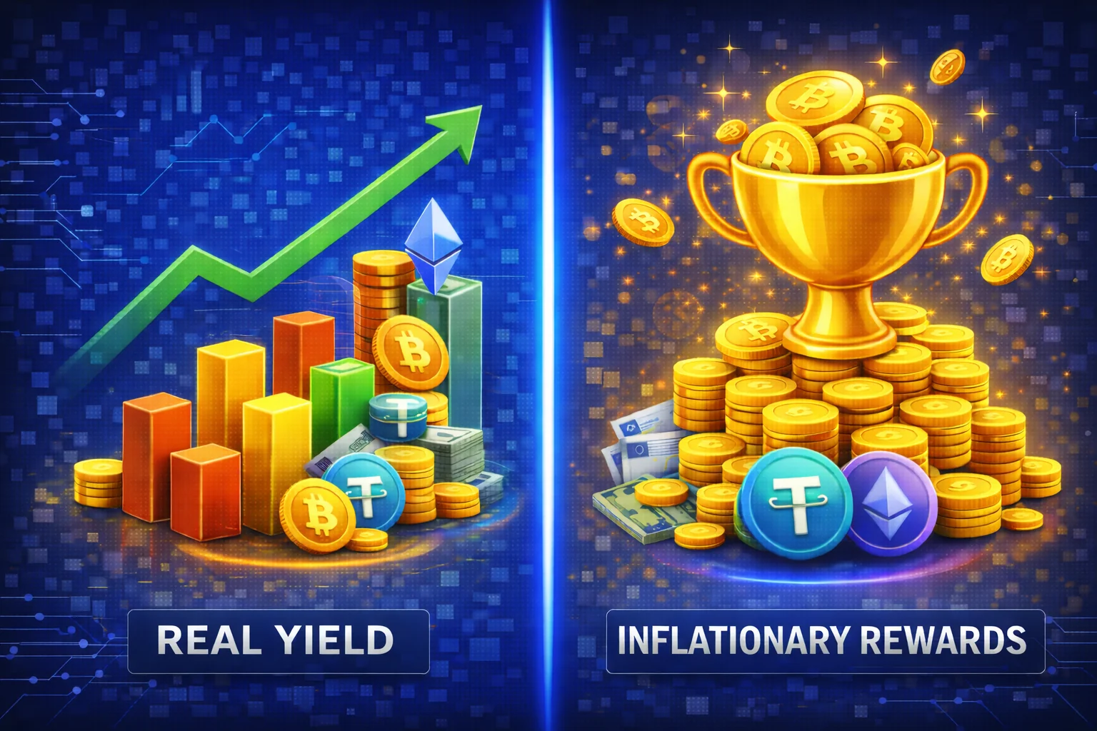 Real yield versus inflationary rewards comparison across DeFi yield protocols
