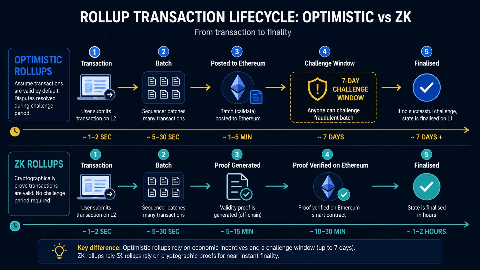 Timeline of optimistic rollup 7-day challenge window vs ZK rollup hours-after-proof-verification finality