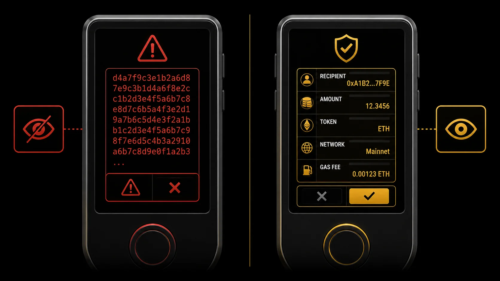 Hardware wallet UI: blind-sign (opaque hash, DANGER) vs clear-sign (parsed tx details, VERIFIED) — the operational antidote.