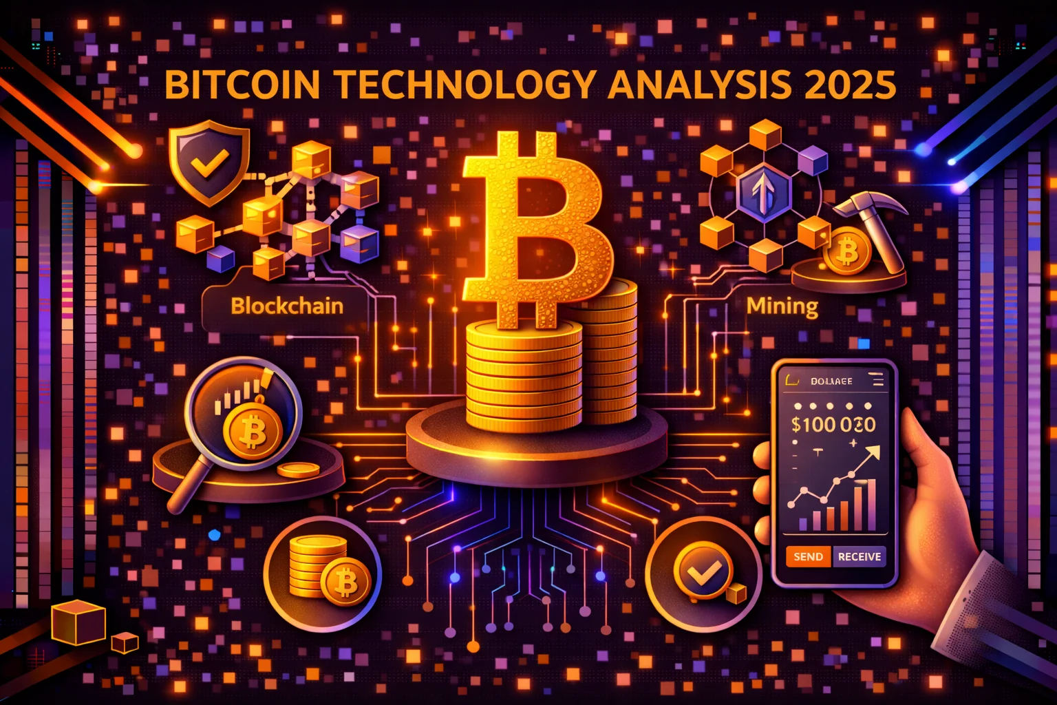 Bitcoin technology analysis infographic showing blockchain architecture, security model and network statistics