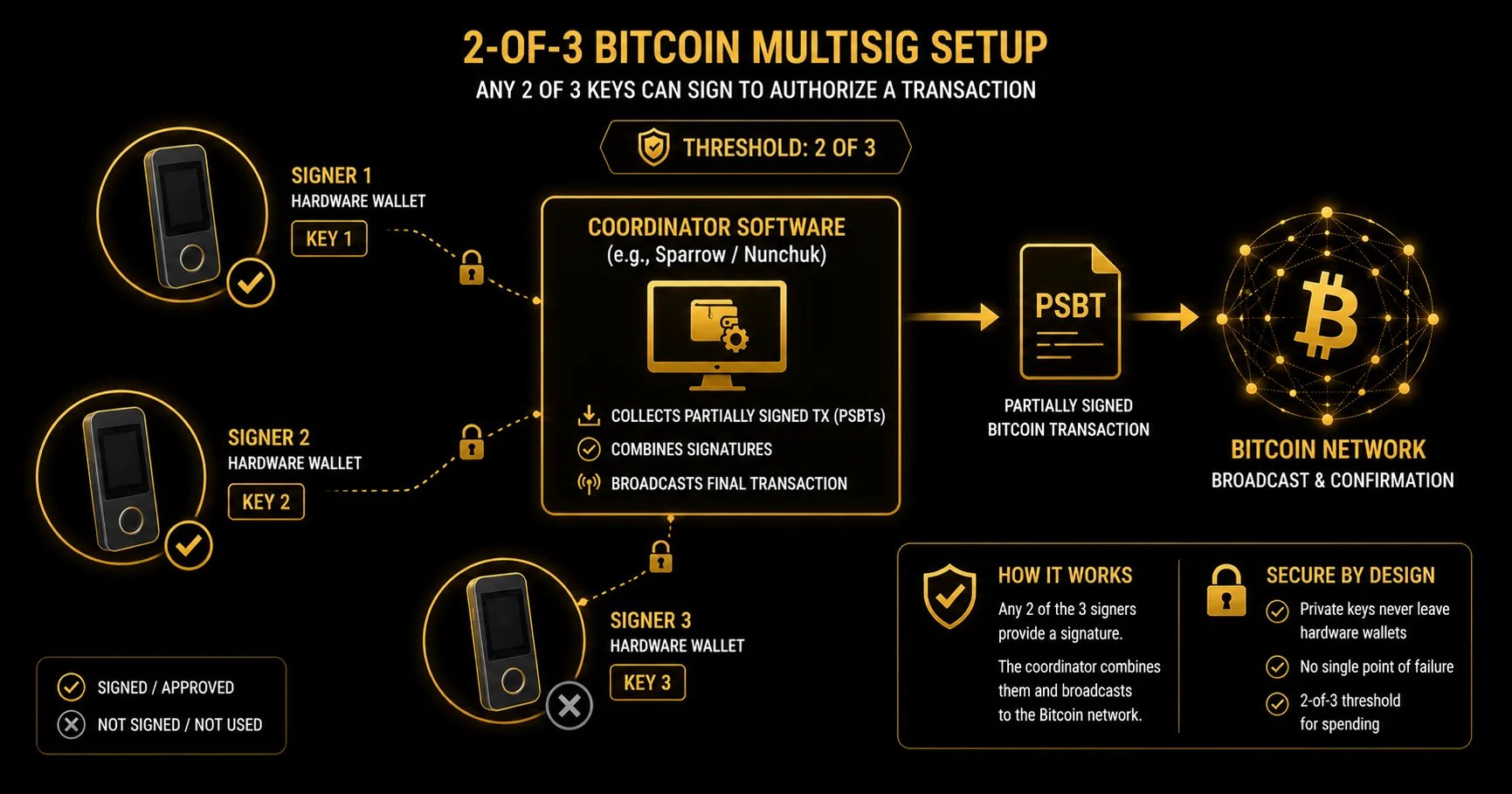 Bitcoin 2-of-3 multisig: coordinator linked to three hardware signers, two highlighted as threshold signatures.