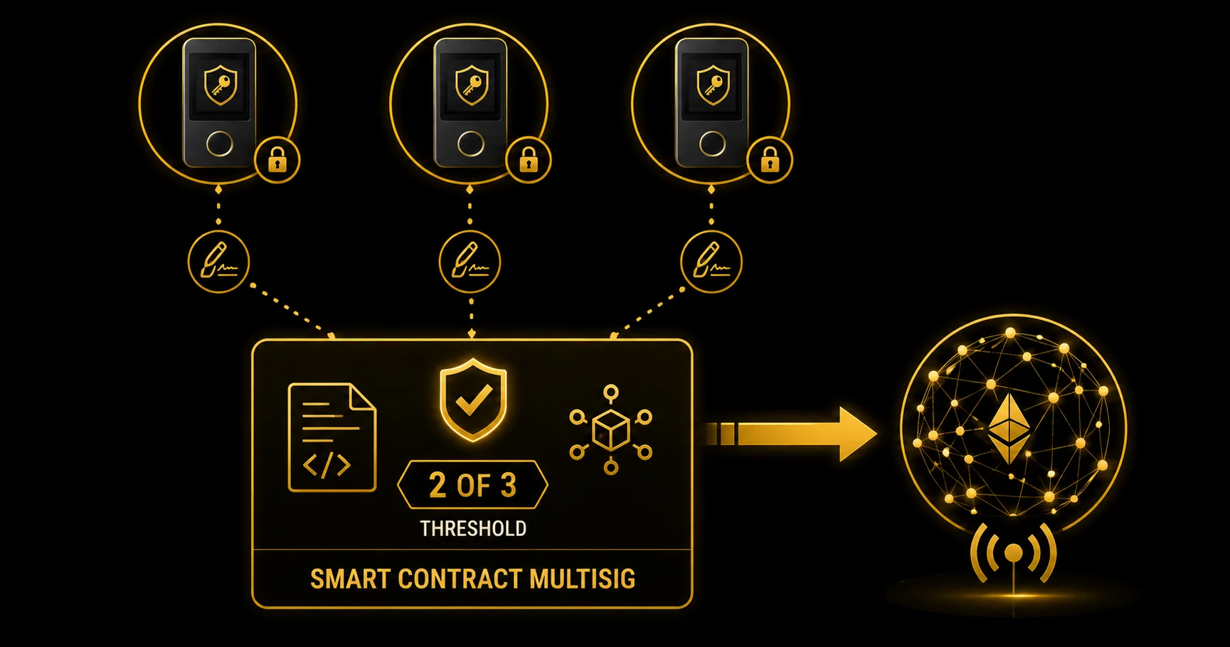 2-of-3 smart-contract Safe multisig: three hardware signers connected to a Safe contract with threshold marker.