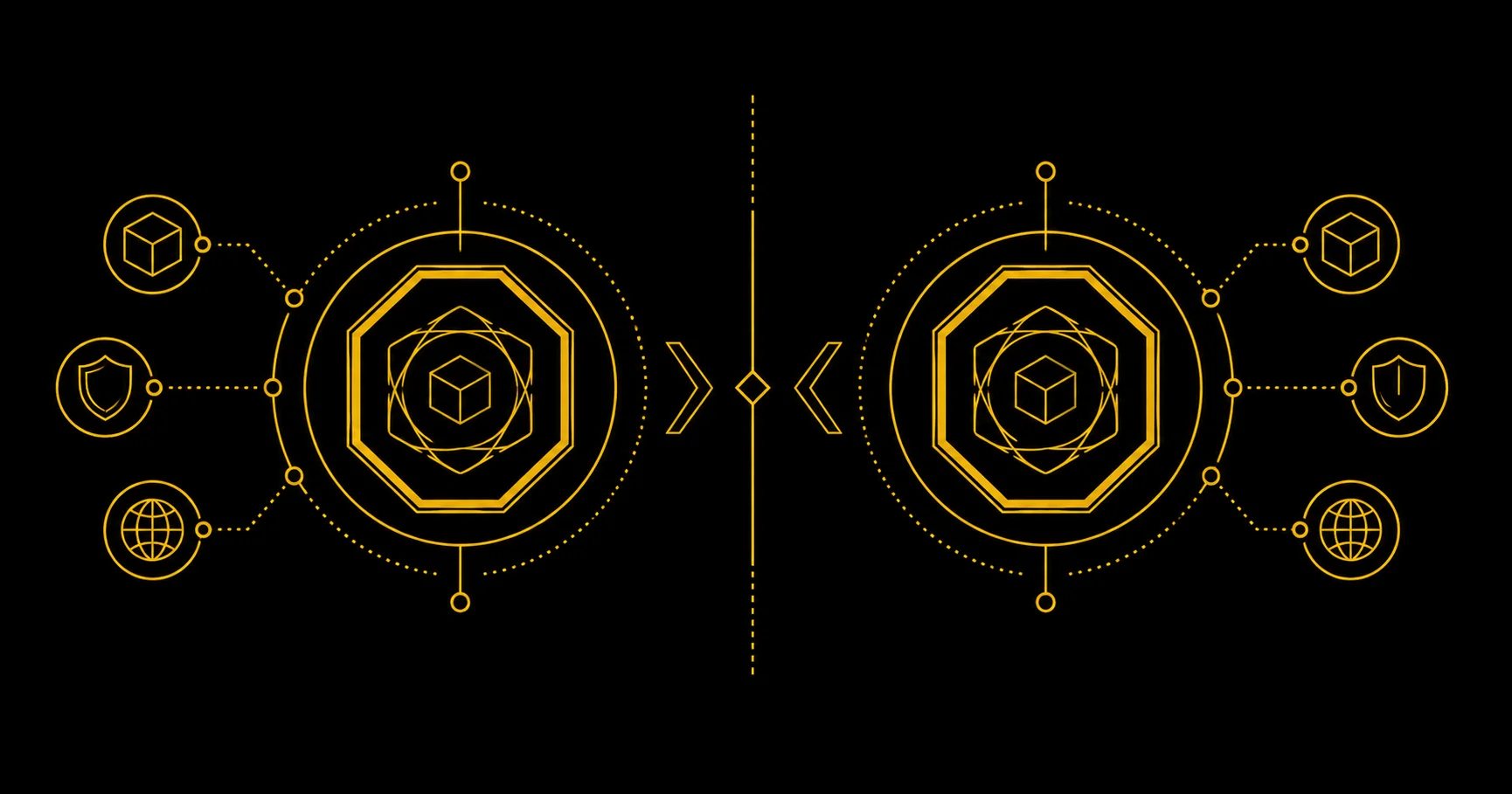 Two geometric gold tokens facing each other in a mirrored versus composition representing PAXG and XAUT