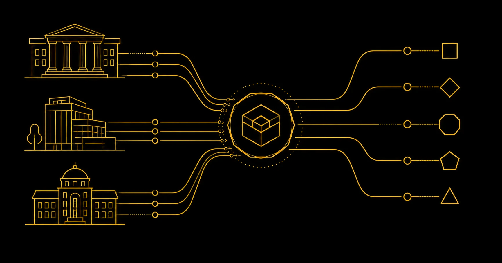 On-chain private credit: golden flow lines connecting institutions, underwriters, and on-chain pools