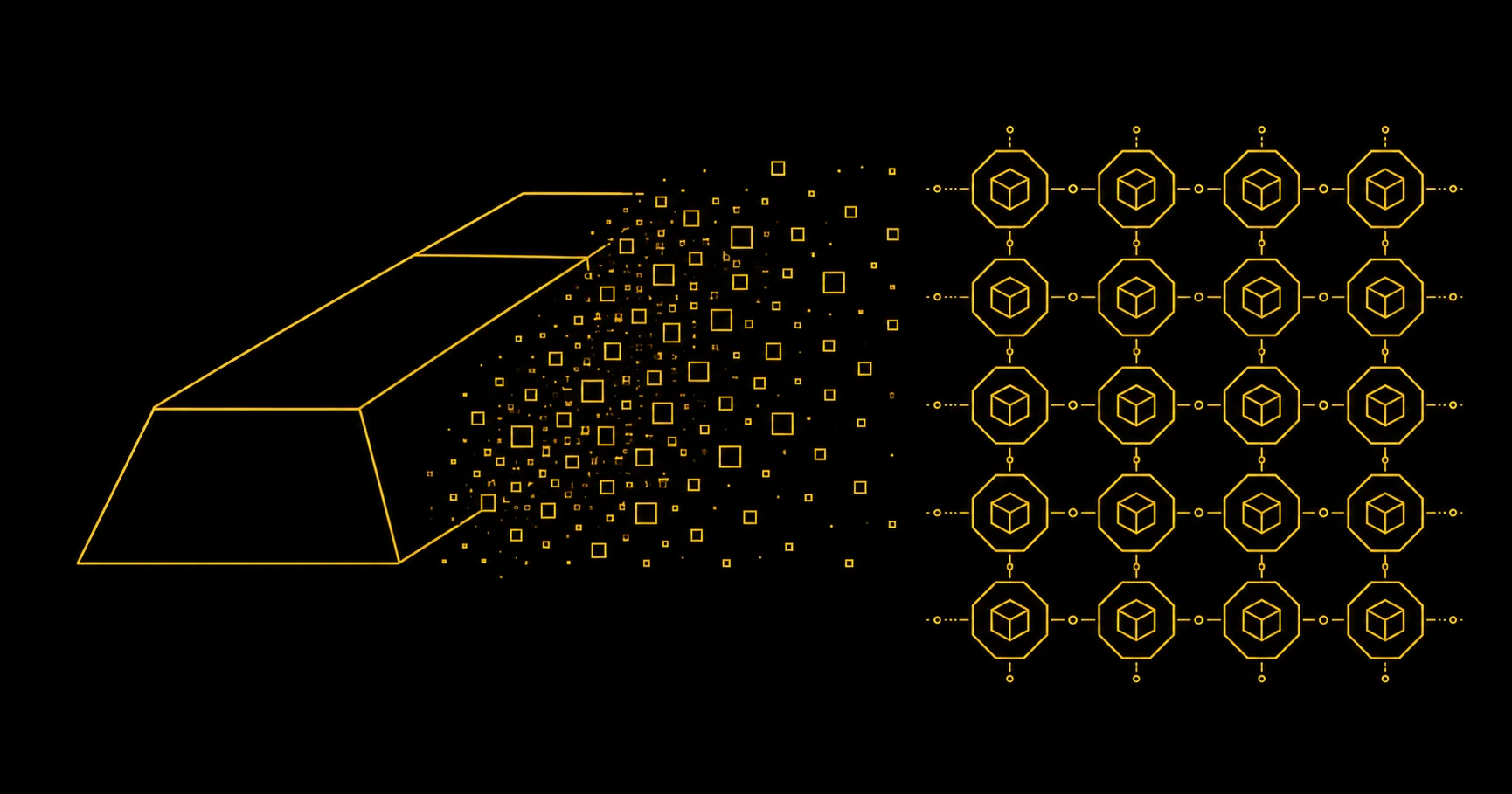 Geometric gold ingot transitioning into a structured grid of on-chain tokens